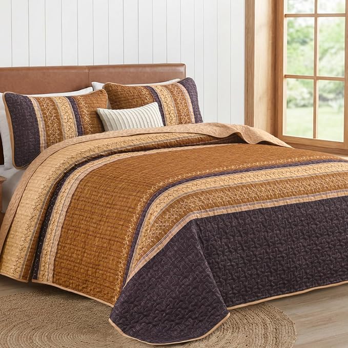 Cottolester Fall Quilt Set King, Burnt Orange Striped Patchwork Bedspread | - Image 2