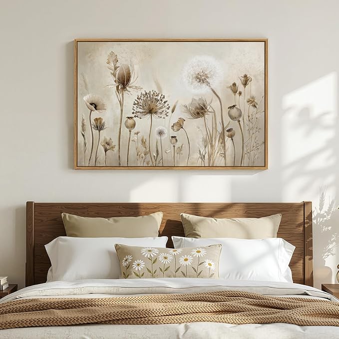 Framed Vintage Botanical Floral Wall Art, Neutral Rustic Flower Canvas Artwork - Image 4