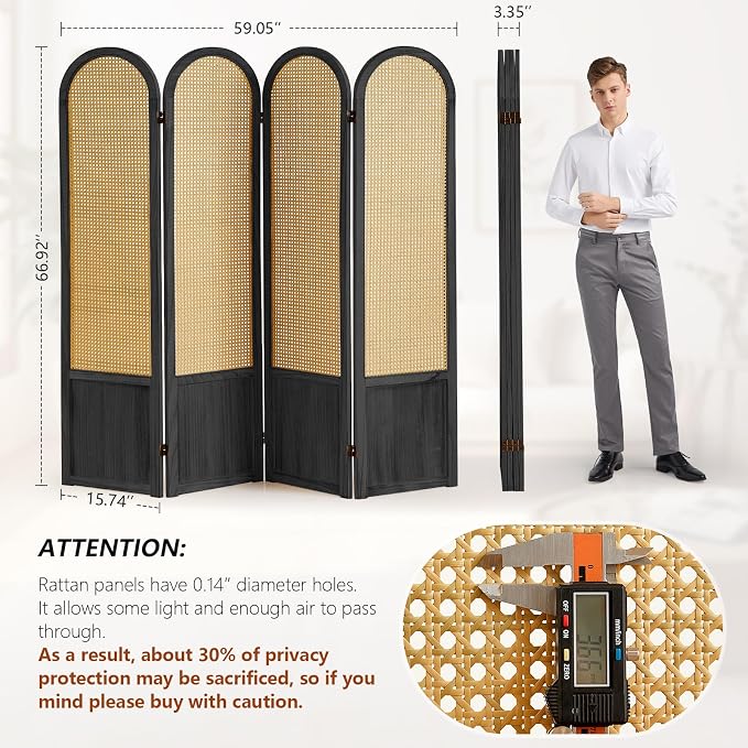 4 Panel Rattan Room Divider Screen, Boho Folding Privacy Screen | Decorative - Image 4