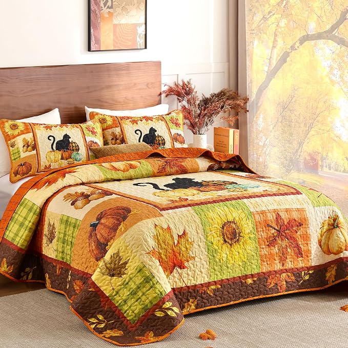 Yiran Happy Thanksgiving Harvest Fall Quilt Set Queen Size | Pumpkin Maple by Yiran