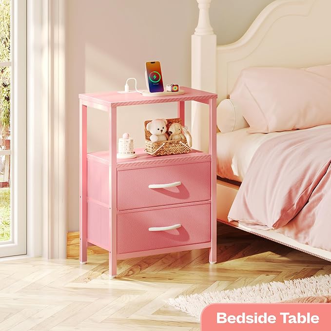 Huuger Nightstand with Charging Station, Side Table with Fabric Drawers | End - Image 3