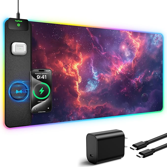 TopMade Wireless Charging Mouse Pad, RGB Gaming Mousepad Home Office Desk Pad, 31.5” x 15.8” Large Desk Mat, Waterproof Keyboard Pad, Galaxy Nebula (Includes 20W PD Power Adapter & 6.56ft Woven Cable)