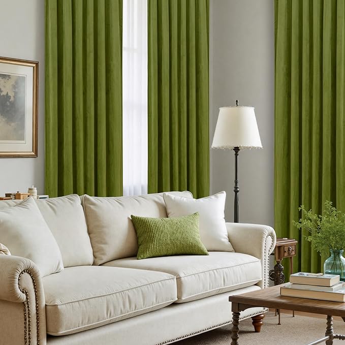 LAMIT Moss Green Velvet Curtains 108 Inch for Living Room, Vintage Thermal Insulated Blackout Panels Super Soft Back Tab and Rod Pocket Window Drapes for Bedroom, 2 Panels, 52 x 108 Inch