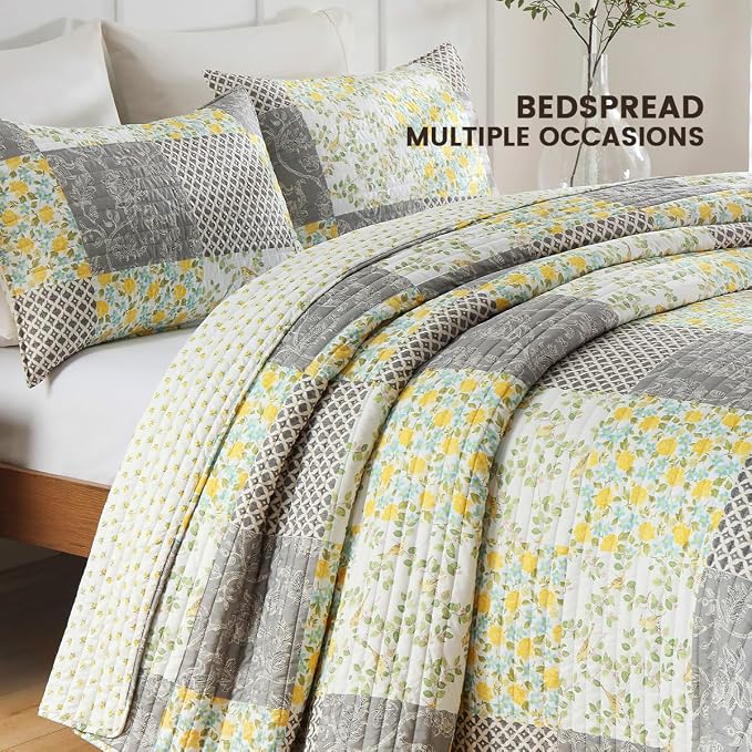 Quilt Set King Size Floral Patchwork Quilted, Soft Comforter Set Bedding Sets - Image 2