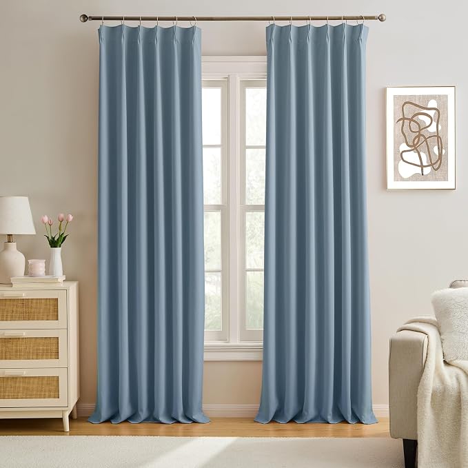 Slate Blue Blackout Curtains 90 Inches Long, Pinch Pleat by KEQIAOSUOCAI