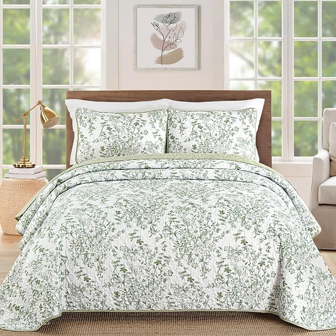 WONGS BEDDING California King Quilt Set, Sage Green Botanical Lightweight | by WONGSBEDDING