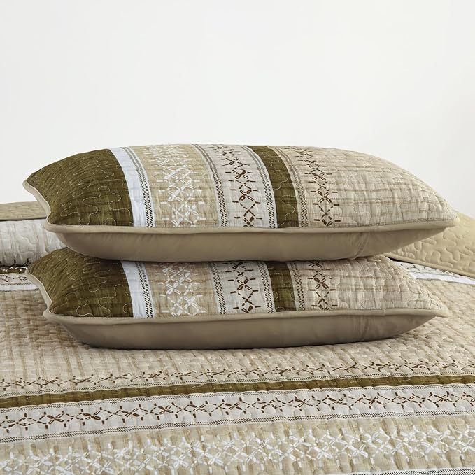 Cottolester Brown Quilt Set Full, Soft Striped Texture Bedspread 3 Pcs | - Image 8