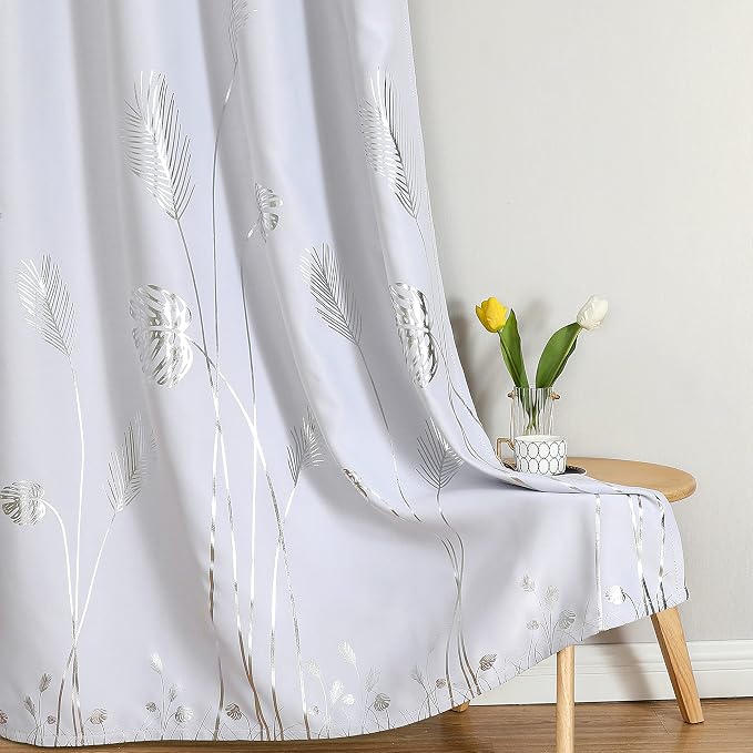 Greyish White Room Darkening Curtains 84 Inches Long Silver Palm Tree Pattern - Image 7