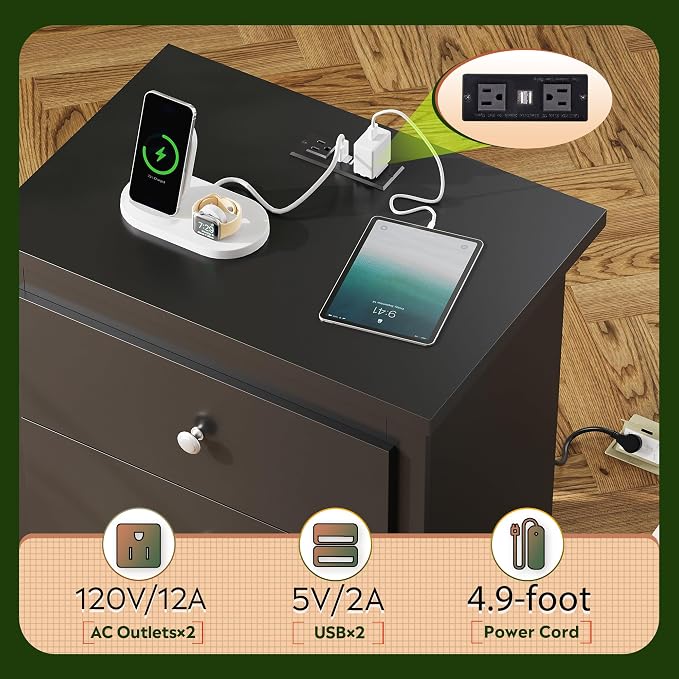 WLIVE Tall Nightstand with Charging Station, Wood Bedside Table, Power Outlets - Image 4