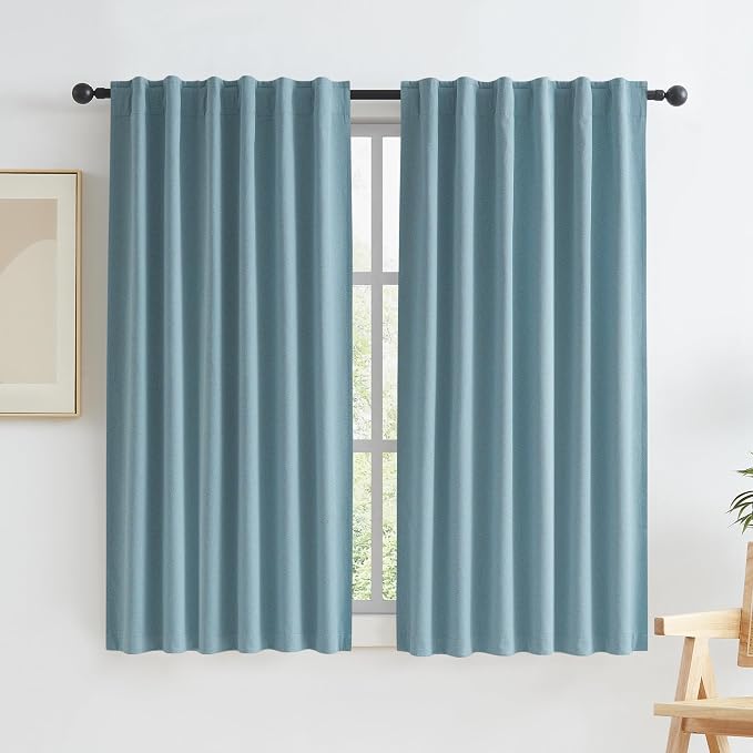 Full Blackout Shade Curtain Panels Dusty Stone Blue 63 Inch Long Noise Reducing by KEQIAOSUOCAI
