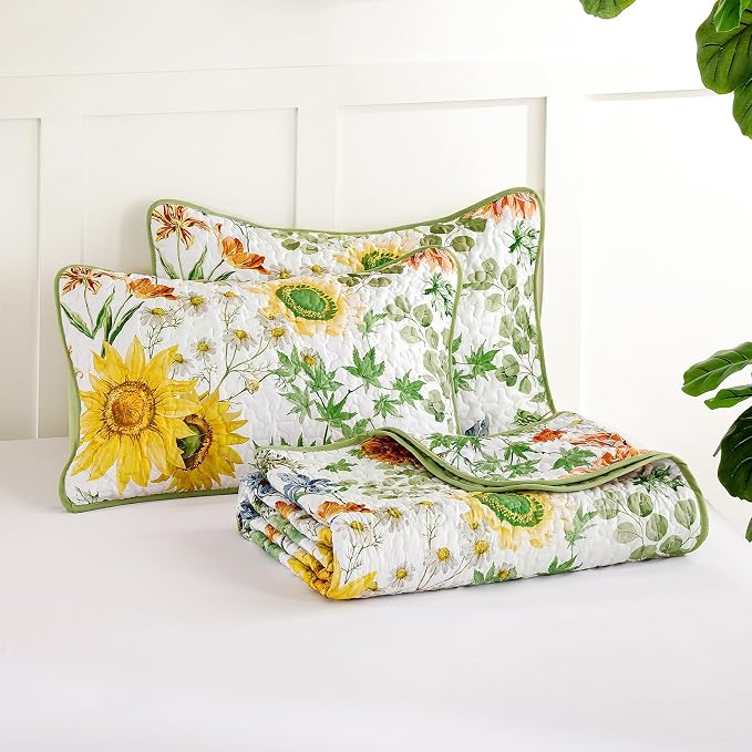 Yiran Floral Quilts Queen Size, Sunflower Botanical Bedspreads, Sage Green | - Image 9