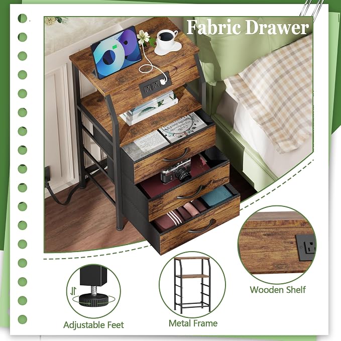 Night Stand with Charging Station, 3 Fabric Drawers Bedside Table | Rustic - Image 7