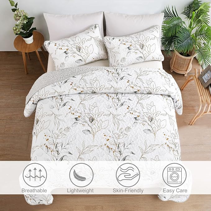 Anibedding Grey Quilt Set Queen, Botanical Bedspread - Image 2