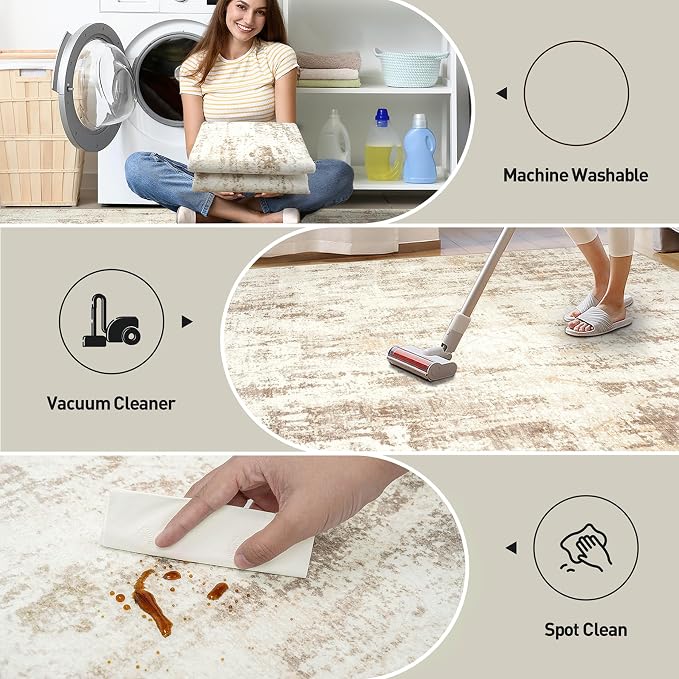 5x7 Area Rugs for Living Room: Washable Abstract Beige Grey Badroom Carpet | - Image 5