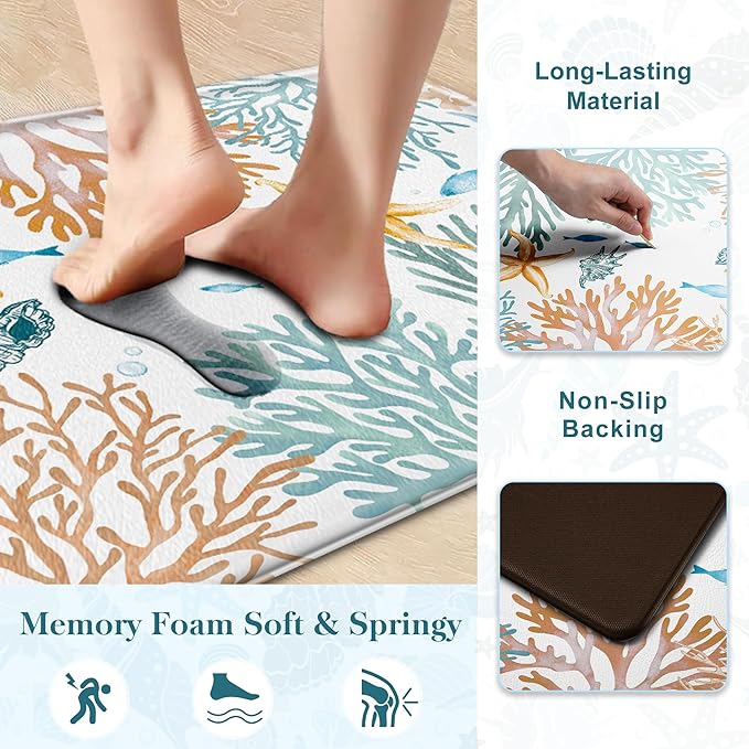 Kitchen Mats for Floor Cushioned Anti Fatigue Sets of 2 Coastal Kitchen Rugs Non Slip Waterproof Nautical Foam Kitchen Floor Rug Beach Theme Coral Fish Comfort Standing Mat for Sink Laundry, Teal