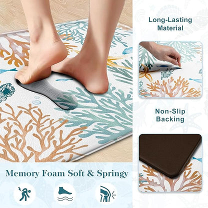 Kitchen Mats for Floor Cushioned Anti Fatigue Sets of 2 Coastal Kitchen Rugs Non Slip Waterproof Nautical Foam Kitchen Floor Rug Beach Theme Coral Fish Comfort Standing Mat for Sink Laundry, Teal