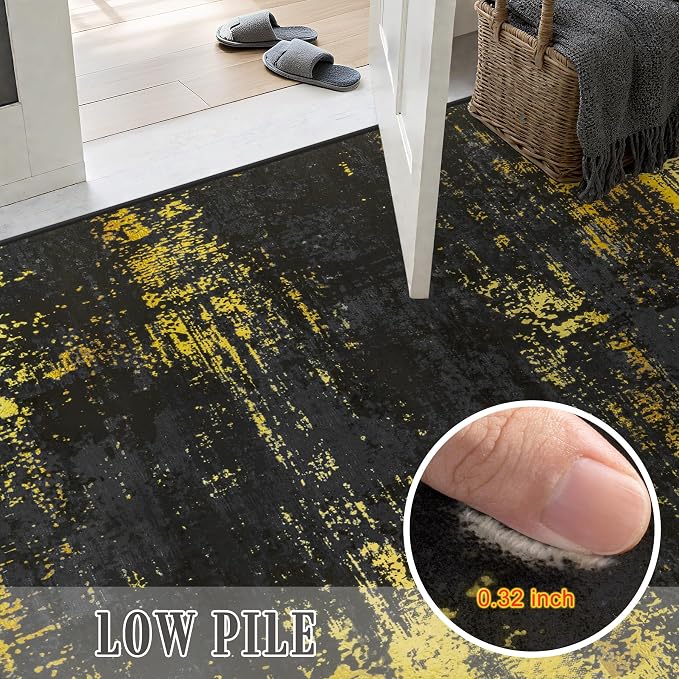 5x7 Area Rug Living Room: Modern Washable Soft Carpet Black Gold | - Image 6