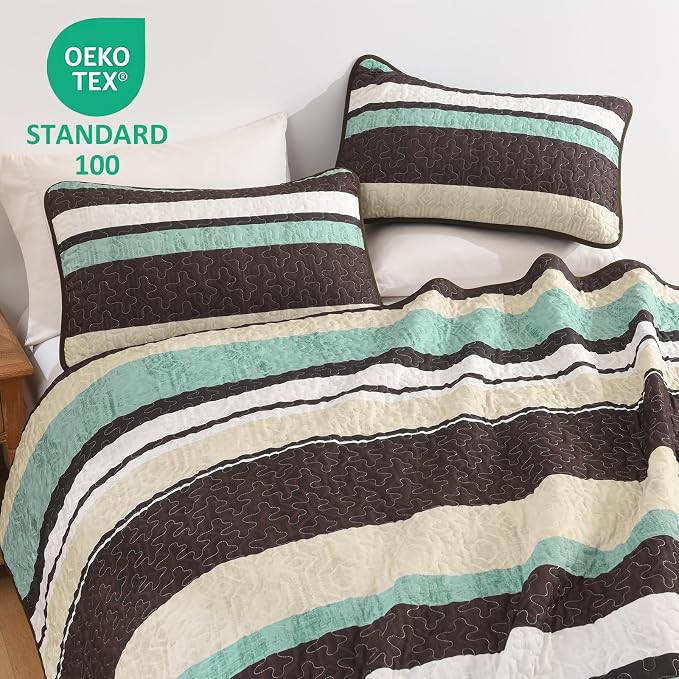Dobuyly King Size Striped Quilt, Boho Brown Lightweight Bedspread Bedding | - Image 5