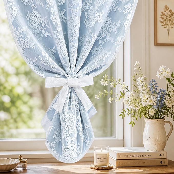 Yinhua Blue Kitchen Curtains 36 Inch Length Double Layer Blackout Cafe Curtains - Image 4