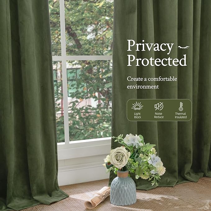 LAMIT Sage Green Velvet Curtains 108 Inches Long for Living Room, Luxury Thermal Insulated Blackout Panels Back Tab and Rod Pocket Room Darkening Drapes for Bedroom, 2 Panels, 52 x 108 Inch