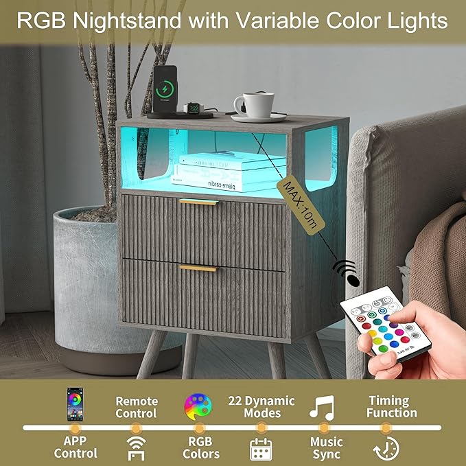 Nightstand with Charging Station and LED Lights,Modern Bedside Table with 2 Storage Drawer and Open Wood Shelf, for Bedroom and Small Spaces,Night Stand with Solid Wood Legs,GreyOak