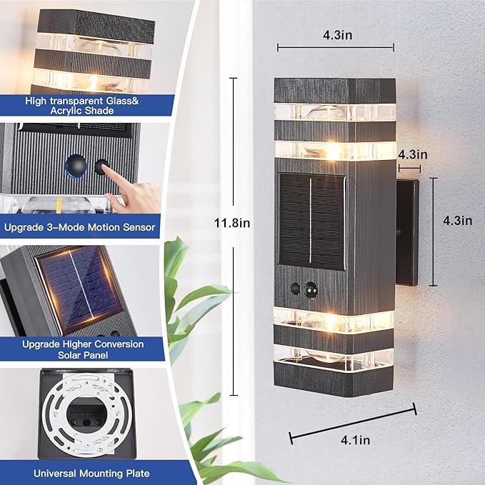Delicavy 2 Pack Solar Outdoor Wall Lights with 3-Mode Motion Sensor Outside Sconces Up Down Solar Porch Light Fixtures 3000K 500LM Dusk to Dawn Modern Exterior Wall Lamp for House Garage Front Door