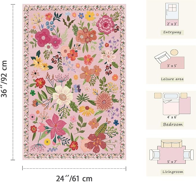 Latte&Fog Floral Entryway Area Rug, 2x3 Washable Pink Rugs - Image 2