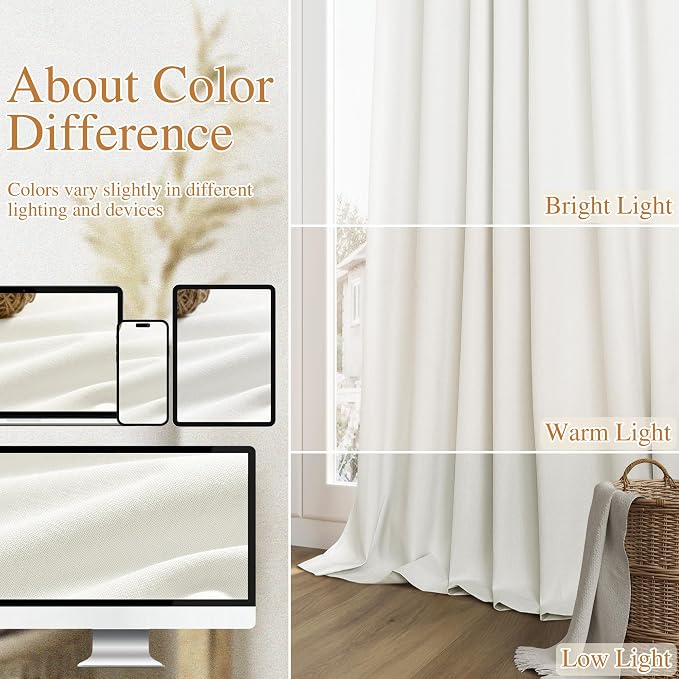 Ivory 100% Blackout Linen Curtains 96 Inch Length 2 Panels Set - Image 7