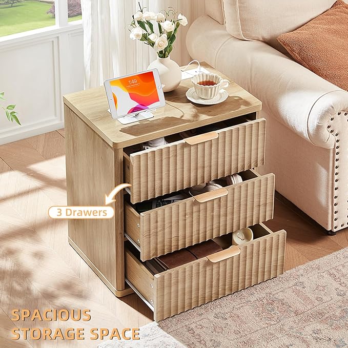 LEYAOYAO 23" Wide Fluted Night Stand with Charging Station, 3 Drawers Large End Table with Storage, Natural Nightstand Wood Bedside Tables, Farmhouse Cabinet Dresser for Bedroom, Closet