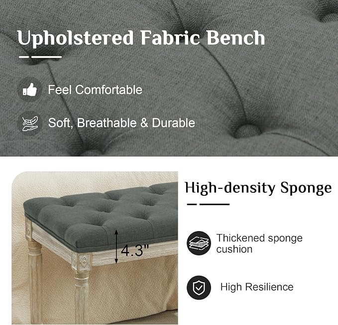 LOULENS 43.9" Linen End of Bed Bench, Vintage Bedroom Bench, Dark Grey | French - Image 4