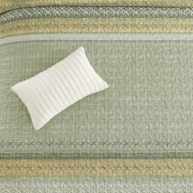Cottolester Sage Green Queen Quilt Set, Sunner Striped Patchwork Bedspread | - Image 8