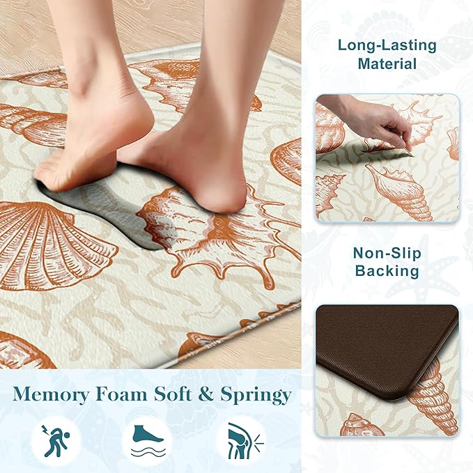 Kitchen Mats for Floor Cushioned Anti Fatigue Sets of 2 Beach Theme Kitchen Rugs Non Slip Waterproof Coastal Foam Kitchen Floor Rug Nautical Coral Seashell Comfort Standing Mat For Sink Laundry, Coral