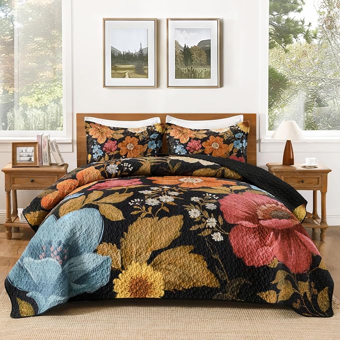 Quilt King Size, Colorful Floral Boho Summer Bedspread 3 Pieces | Golden Flower by Andency