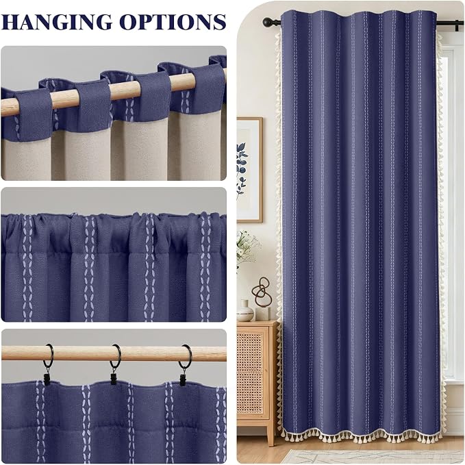 Navy Blue 100% Boho Blackout Curtains 84 Inch 2 Panels | Vintage Farmhouse Rod - Image 7