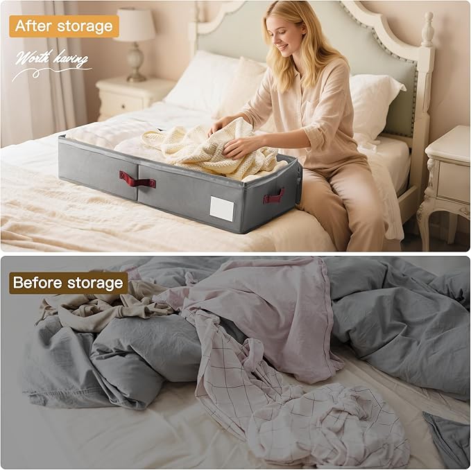 Criusia Under Bed Storage Bins with Clear PVC Lids – 2 Pack Large Underbed Organizers with Heavy-Duty Handles, Reinforced with 800G PP Panels & 80G Non-Woven Fabric – Waterproof & Foldable, Gery