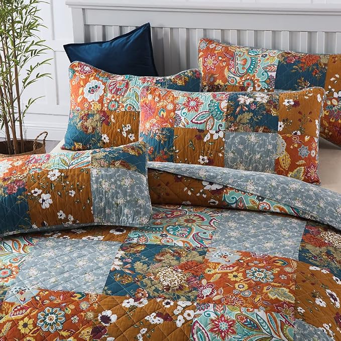 Autumn Dream Cotton Bedspread Yellow Grey Patchwork Quilt, Queen Size - Image 3