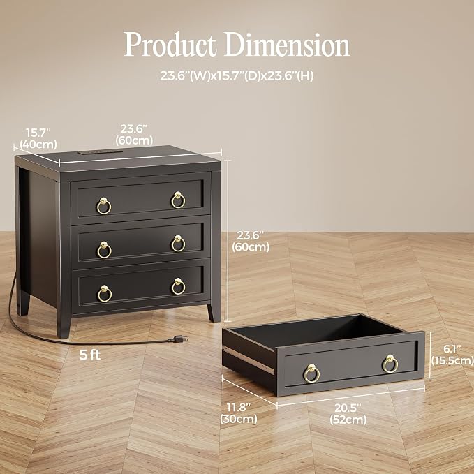 Huuger Night Stand with Charger Station and USB-C Port, 3 Drawer Nightstand | - Image 2