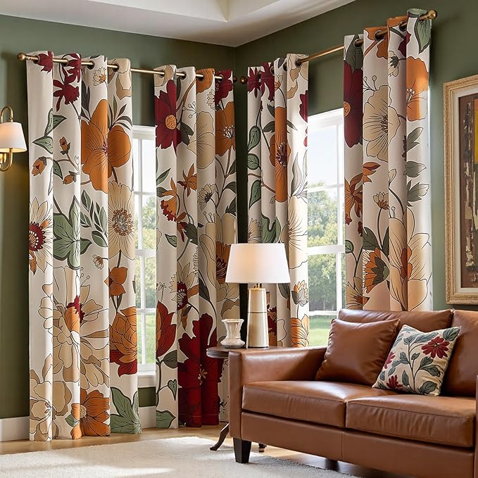 jinchan Beige Boho Floral Blackout Curtains 96 Inch Grommet 2 Panels | Room - Image 6