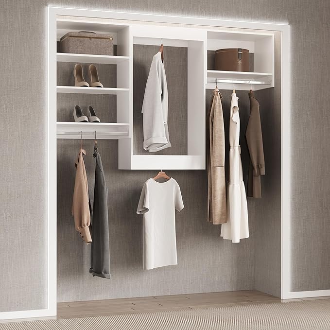 Double Hanging Closet Unit, Modular Closet System, Wood Closet System Organizer with Storage for Walk In Closets, Clothing Rack Wardrobe Closet for Hanging Clothes, Bedroom, White, 34.5"W