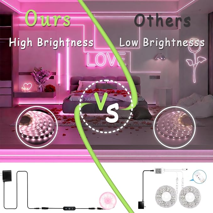 Pink Led Lights Strip Valentines Galentines Day Decor Rope Lights Easy DIY Princess Bedroom Cuttable Strip Lights for Baby Room Bathroom Living Room Kitchen Ceiling Wall Vanity Mirror Decoration