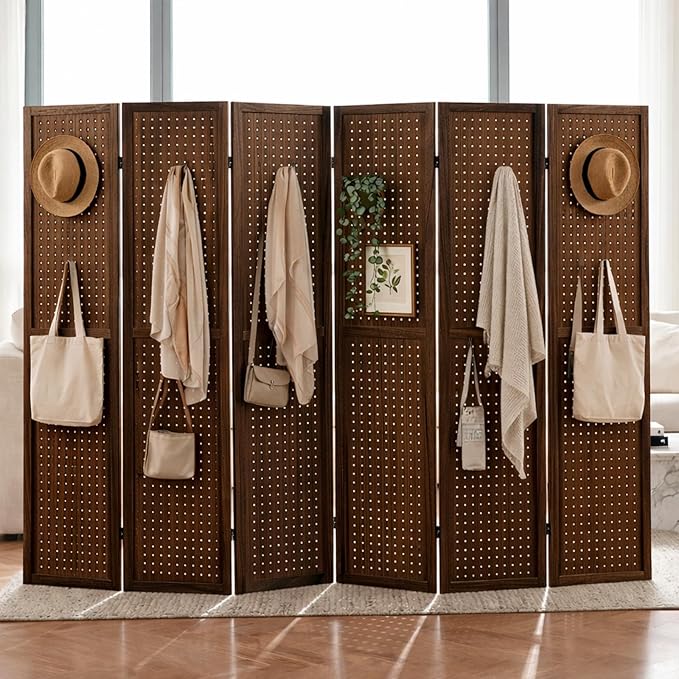 6 Panel Pegboard Room Divider, Folding Privacy Screen, Freestanding Wooden by Leesinwing