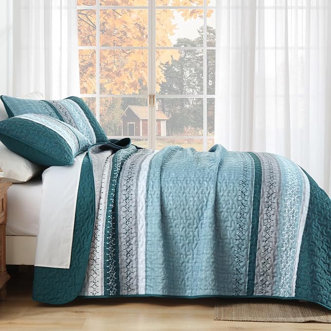 Cottolester Teal Quilt Set King Size, Soft Striped Texture Quilt Set 3 Pcs | - Image 3