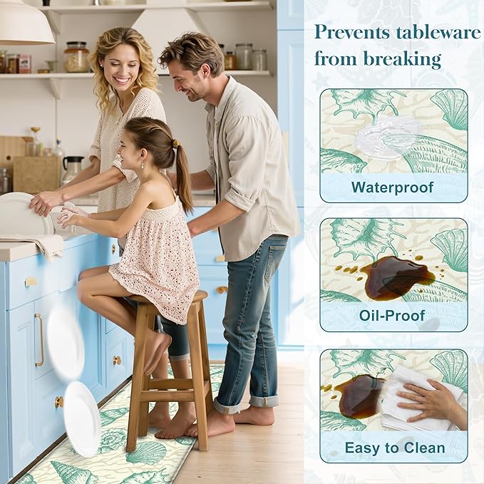 Kitchen Mats for Floor Cushioned Anti Fatigue Sets of 2 Beach Theme Kitchen Rugs Non Slip Waterproof Coastal Foam Kitchen Floor Rug Nautical Coral Seashell Comfort Standing Mat For Sink Laundry, Green