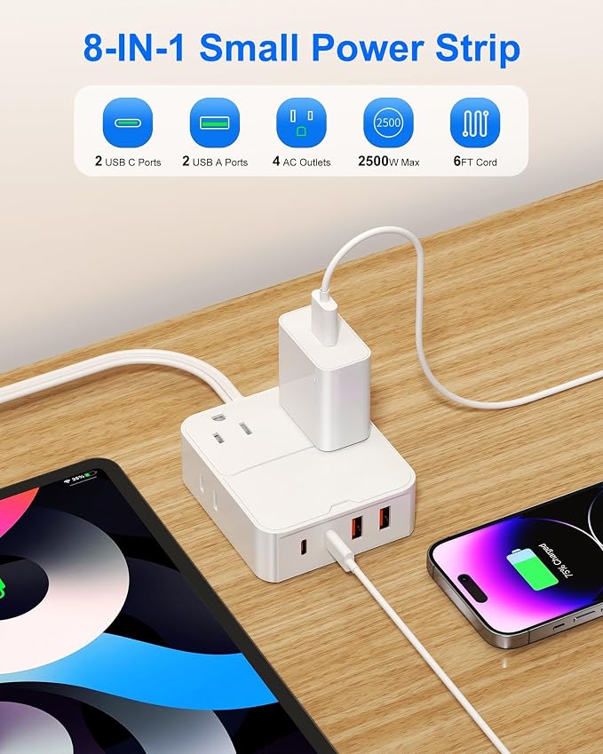 Flat Plug Power Strip with USB Ports-4 AC&4 USB Ports, Extension Cord | 6FT - Image 3