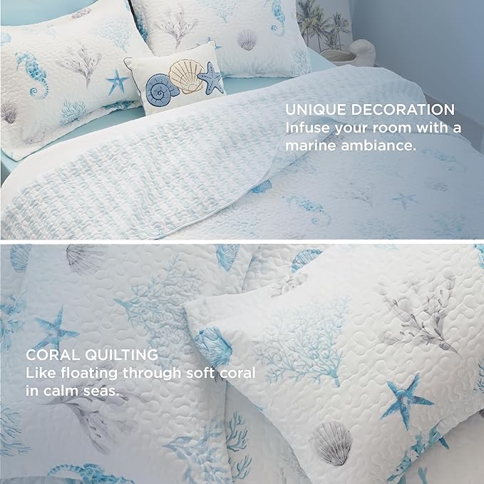 Bedsure Coastal Bedding King Size, Reversible Beach Quilts, Ocean Comforter | - Image 6