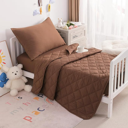 NTBAY Toddler Bedding Set - 4 Piece Soft and Breathable Crib Bedding Set for Boys and Girls, Includes Quilted Comforter, Fitted Sheet, Flat Top Sheet and Envelope Pillowcase, Brown
