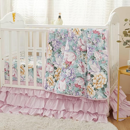 Brandream Crib Bed Skirt Dust Ruffle Triple Layer 100% Egyptian Cotton Sateen Silky Pink Purple Ruffled Baby Girls Nursery Bedding