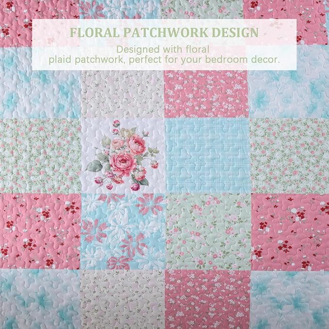Mybedsoul Blue Pink Patchwork King Size Quilt, Soft Boho Floral King Bedspreads - Image 4