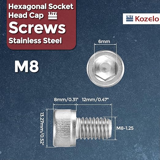 Kozelo 10pcs Socket Head Cap Screws - [M8-1.25 x 12mm] 304 Stainless Steel Allen Socket Drive for Electrical Motor 3D Printing Fan Engine Replacement Use, Silver