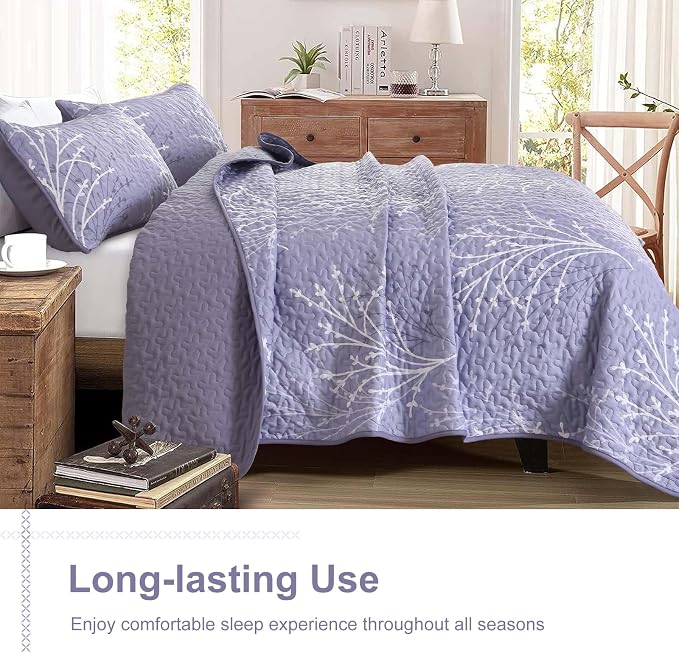 DJY Purple Quilt Set Queen Size Branch Botanical Bedspread Coverlet Set | 3 - Image 4
